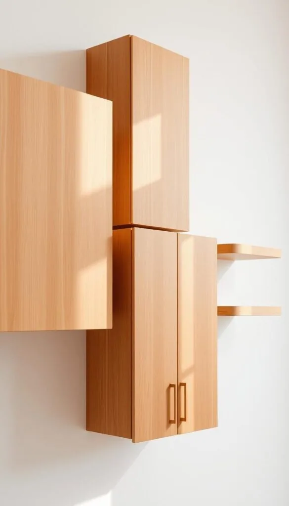 wooden floating cabinets mounted on wall