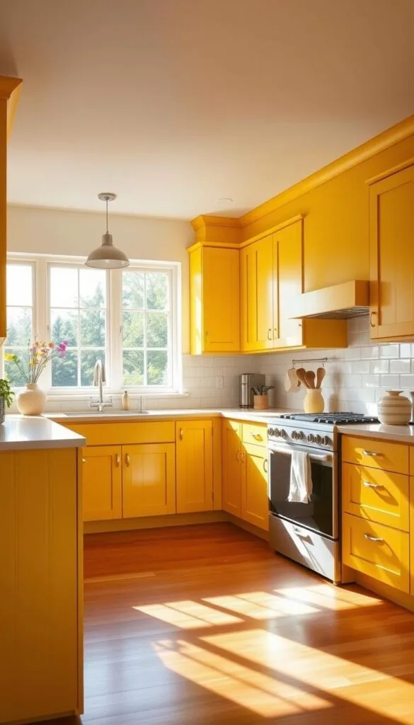 yellow kitchen cabinets in a sunlit kitchen